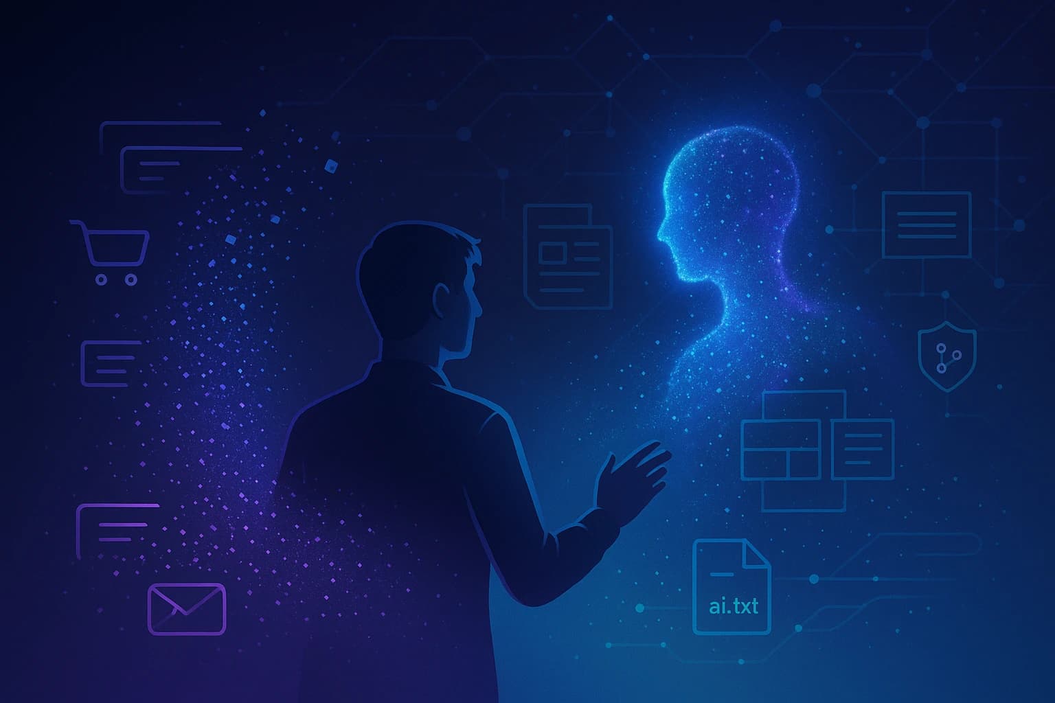 A digital illustration of a man interacting with a glowing, humanoid AI figure in a futuristic interface. Traditional UI icons like shopping carts and emails dissolve into particles, while network nodes, content blocks, and an 'ai.txt' file float around, symbolising the shift to conversational AI.