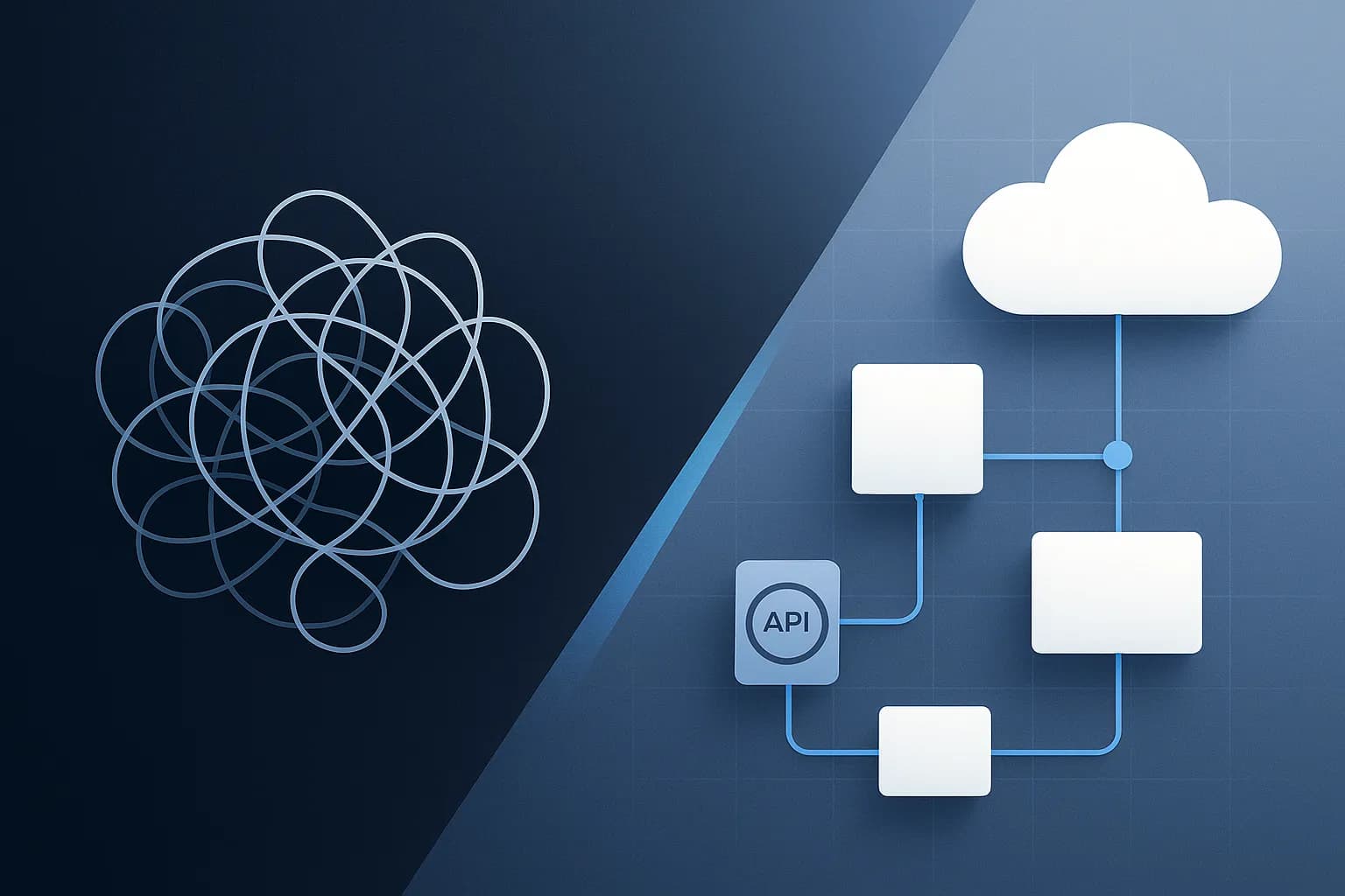This image visually represents the transition from complexity to simplicity in software architecture. On the left, a chaotic web of overlapping lines symbolises legacy systems and over-engineered solutions. On the right, clean, modular blocks connected by straight lines to a cloud icon illustrate a streamlined, developer-friendly, cloud-native architecture. The cool blue and grey tones evoke technical precision and clarity, highlighting the benefits of modern, API-first design.