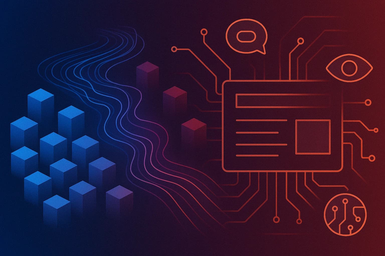 This futuristic 16:9 digital artwork visualises the fusion of artificial intelligence with digital experience design. On the left, vibrant blue 3D blocks represent modular components of a digital system. These blocks gradually shift into purple and red hues as they flow into organic, curved lines that symbolise data streams or neural connections. On the right, a stylised digital interface panel is integrated with orange circuit lines and surrounded by minimal AI-inspired icons, including a chat bubble, an eye symbol, and a microchip design. The background blends dark blue and red gradients, evoking a high-tech, intelligent atmosphere.