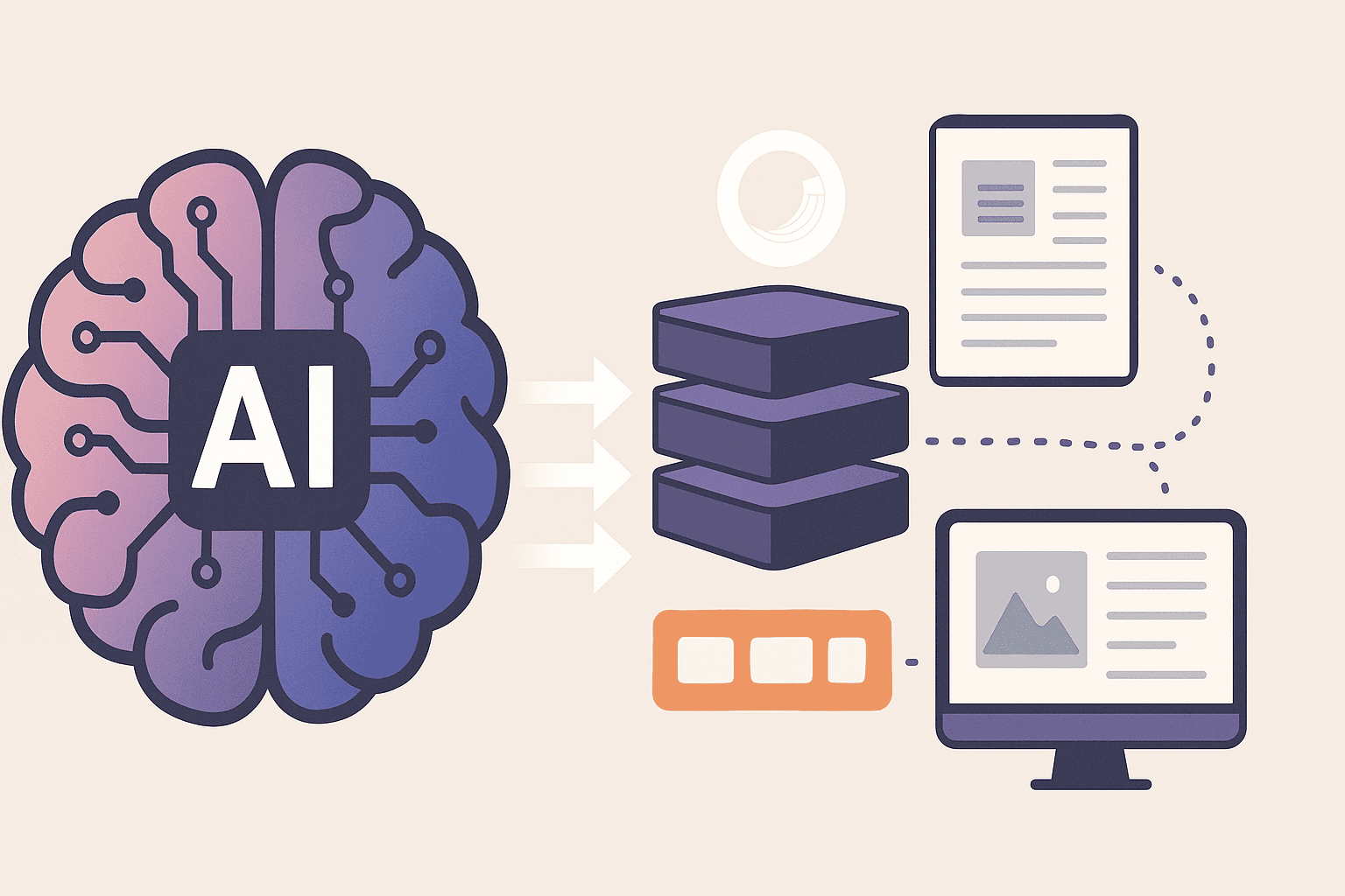 A conceptual digital illustration representing Sitecore Stream, featuring a stylized AI brain on the left connected by arrows and digital pathways to abstract icons symbolising content tools and platforms, all set against a clean beige background with a modern colour palette of purple, orange, and white.