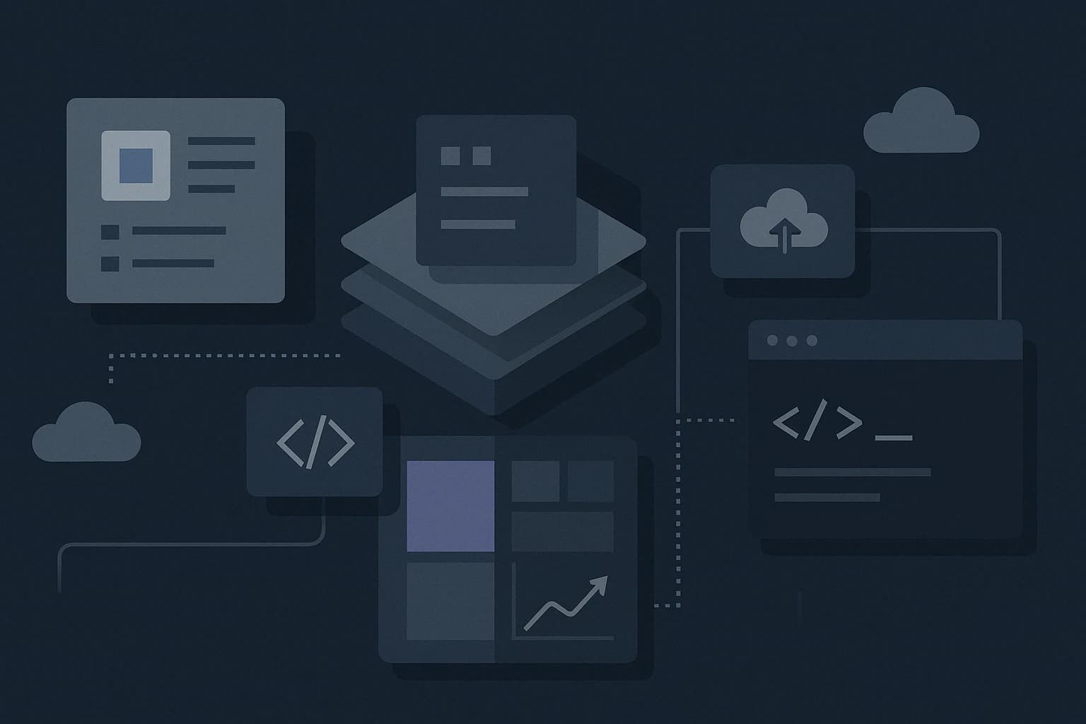 A flat-style digital illustration visualising modular digital architecture for modern web development. It features layered components representing design systems, monorepos, UI libraries, and cloud deployment, interconnected with clean white lines. Icons of code snippets, cloud uploads, and performance metrics are arranged against a dark blue background, with soft greys and selective vibrant accents. No people or branding elements are present.
